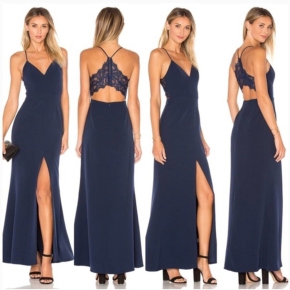 Lovers and Friends Helena Gown in Navy Lace Open Back V-Neck Slit Sleeveless 2 - Picture 1 of 13